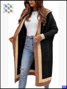 Oversized Hooded Cardigan Sweater Color Block Striped Open Front Long